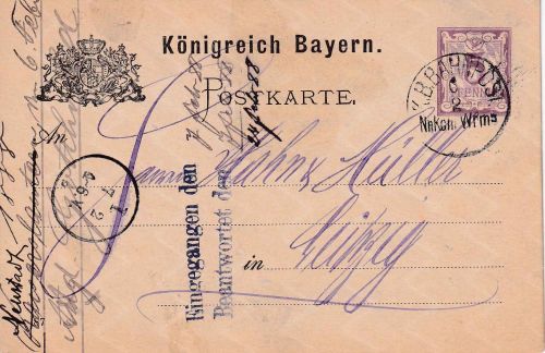 Bayern - Neunkirchen Worms II Bahnpost-K1 5 Pfg. Ganzsache Neustadt Leipzig 1888