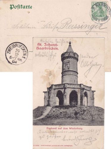 DR - Saarbrücken II Germersheim Bahnpost-K1 5 Pfg. Germania AK St. Johann 1904