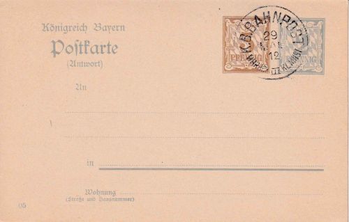 Bayern - Rohrbach III Klingenmünster Bahnpost-K1 3+2 Pfg. Ganzsache/blanko