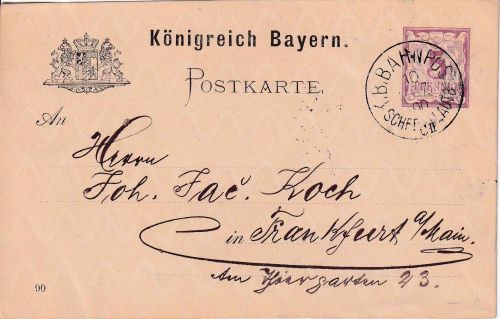 Bayern - Schifferstadt CII Lauterburg Bahnpost-K1 5 Pfg. Ganzsache Speyer 1890