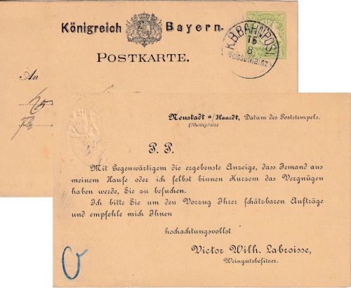 Bayern - Weissenburg Mainz Bahnpost-K1 3 Pfg. Ganzsache/Vertreteravis Neustadt