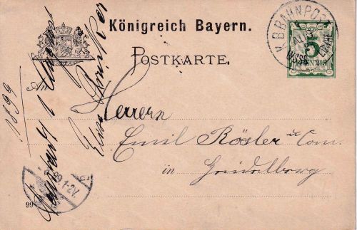 Bayern - Weissenburg Ludwigshafen Bahnpost-K1 5 Pfg. Ganzsache Neustadt 1899