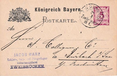 Bayern - Zweibrücken Saarbrücken III.C Bahnpost-K1 5 Pfg. Ganzsache 1886