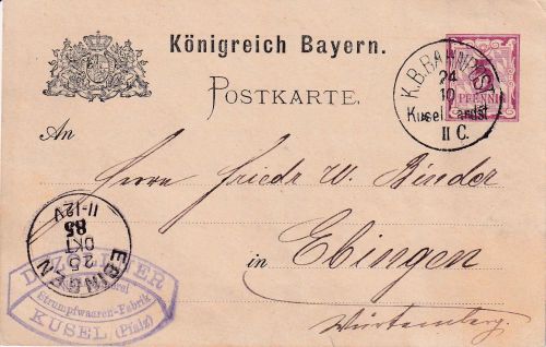 Bayern - Kusel Landstuhl CII Bahnpost-K1 5 Pfg. Ganzsache Kusel - Ebingen 1885