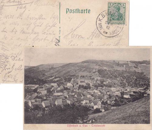 DR - Münster CII St. Ingbert Bahnpost-K1 AK Offenbach a. Glan - St. Wendel 1912