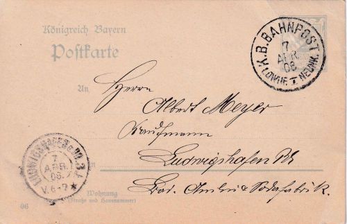 Bayern - Ludwigshafen I Neunkirchen Bahnpost-K1 2 Pfg. Ganzsache/Ortskarte 1908