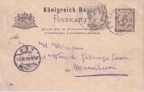 Bayern - Weissenburg Worms Bahnpost-K1 Ganzsache+Zusatz n. Mannheim 1900