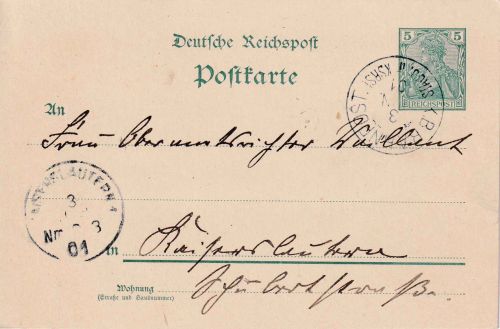 Bayern - Staudernheim II Kaiserslautern Bahnpost-K1 5 Pfg. GA-Karte n. K'lautern