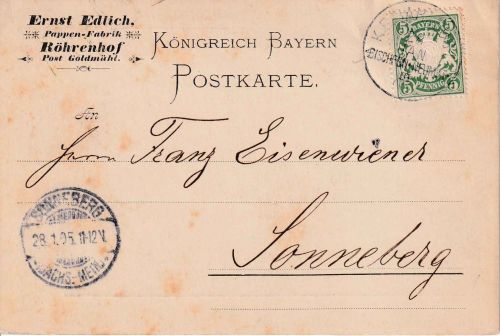 Bayern - Bischofsheim Neustadt III Bahnpost-K1 Karte Röhrendorf - Sonneberg 1905