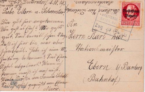 Bayern - Dietersdorf Breitengüssbach Zug 20 Bahnpost-Ra4 Karte Dietersdorf 1919