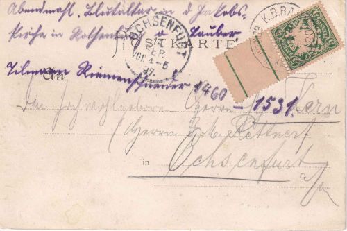 Bayern - Gerolzhofen III Kitzingen Bahnpost-K1 Karte n. Ochsenfurt 1907