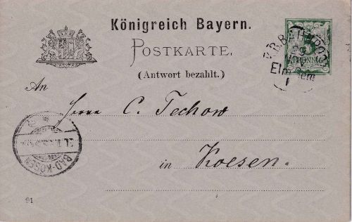 Bayern - Elm Gemünden I Bahnpost-K1 5 Pfg. Ganzsache Burgsinn - Kössen 1893