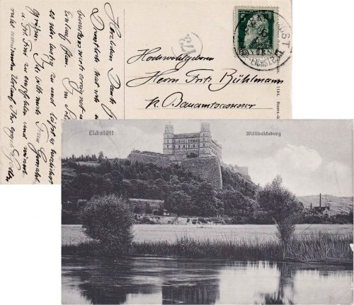 Bayern - Kinding Eichstätt B.III Bahnpost-K1 AK Eichstätt n. München 1912