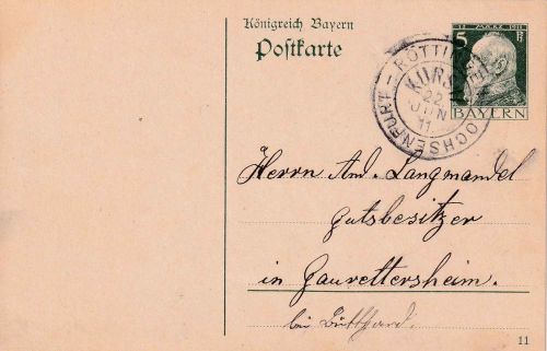 Bayern - Röttingen Ochsenfurt Kurs II Bahnpost-K2 5 Pfg Ganzsache Röttingen 1911