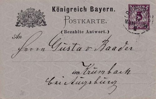 Bayern - Miltenberg Aschaffenburg II Bahnpost-K1 5 Pfg Ganzsache Miltenberg 1887