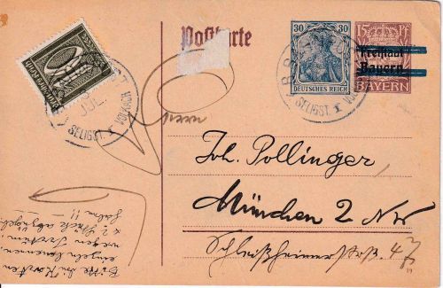 DR-Infla - Seeligenstadt I Volkach apt. Bahnpost-K1 30 Pfg. Ganzsache 1920
