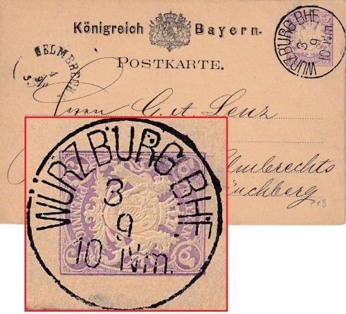 Bayern - Würzburg Bhf. 3/9 klarer K1 5 Pfg. Ganzsachenkarte n. Helmbrechts 1880