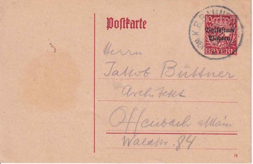 Bayern - Wertheim II Miltenberg Bahnpost-K1 10 Pfg. Ganzsache Dorfprozelten 1919