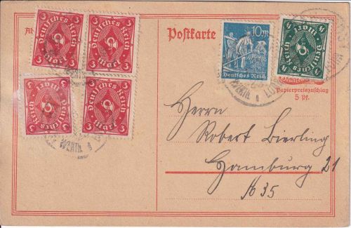 DR-Infla - Wertheim I Lohr Bahnpost-K1 Karte Wertheim - Hamburg 1923