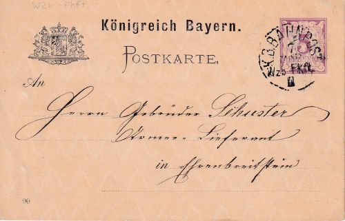 Bayern - Würzburg Frankfurt II Bahnpost-K1 5 Pfg. Ganzsache Dettingen 1890