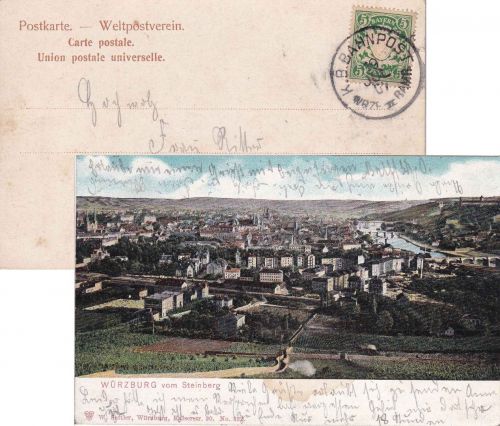 Bayern - Würzburg II Bamberg Bahnpost-K1 AK Würzburg - Augsburg 1907