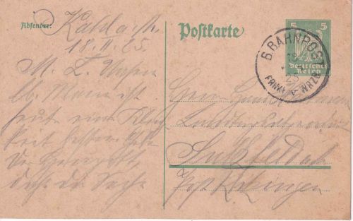 DR - Frankfurt V Würzburg apt. Bahnpost-K1 5 Pfg. Ganzsache Kahl - Sulzfeld 1925