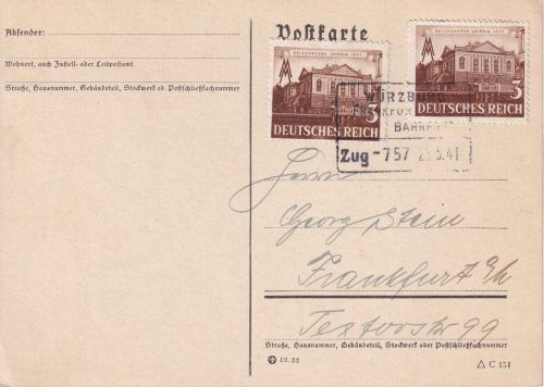 DR - Würzburg Frankfurt Zug 757 apt. Bahnpost-Ra4 Karte Heigenbrücken - FFM 1941