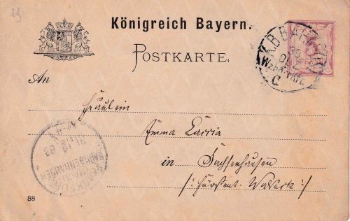 Bayern - Würzburg Frankfurt C Bahnpost-K1 5 Pfg. Ganzsache Würzburg 1883