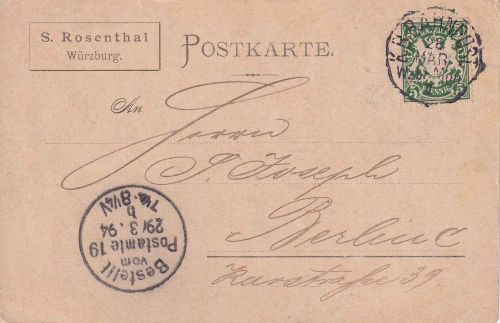 Bayern - Würzburg Meiningen II Bahnpost-K1 Karte Würzburg - Berlin 1894