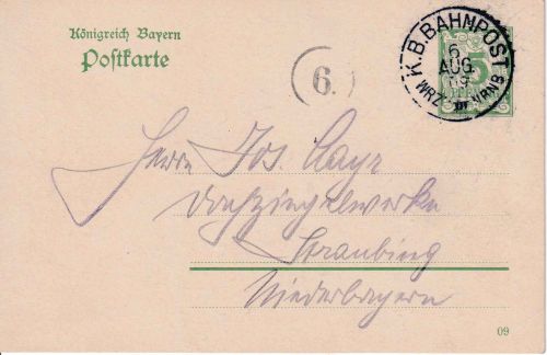 Bayern - Würzburg III Nürnberg Bahnpost-K1 5 Pfg. Ganzsache Kitzingen 1909