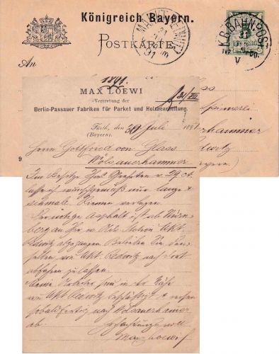 Bayern - Würzburg Nürnberg V Bahnpost-K1 5 Pfg. Ganzsache Fürth 1891