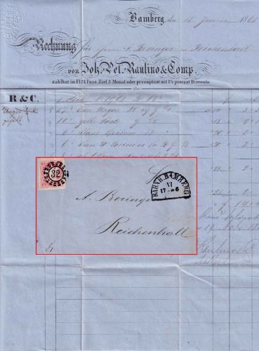 Bayern - 3 Kr. Wappen geschn. Brief oMR 32 Bahnh. Bamberg n. Reichenhall 1868