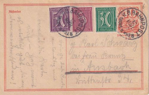 DR-Infla - Treuchtlingen II Würzburg Bahnpost-K1 GA+Zusatz n. Ansbach 1922