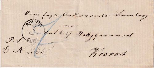 Bayern - Bamberg Bahnh. 22/7 K1 7 Kr. Portobrief n. Kronach ca. 1868