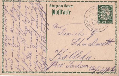 Bayern - Heimbuchenthal Obernburg Kurs II Bahnpost-K2 5 Pfg. Ganzsache 1914