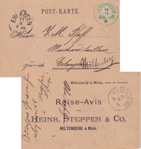 Bayern - Miltenberg II Aschaffenburg C Bahnpost-K1 3 Pfg. Wappen Reiseavis