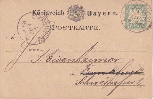 Bayern - Meiningen II Würzburg Bahnpost-K1 5 Pfg. Wappen Ganzsachenkarte 1878