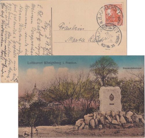DR - Hofheim II Hassfurt Bahnpost-K1 7 1/2 Pfg. Germania AK Königsberg 1918