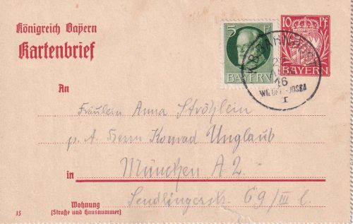 Bayern - Wildfelcken Jossa I Bahnpost-K110 Pfg. GA-Kartenbrief n. München 1916