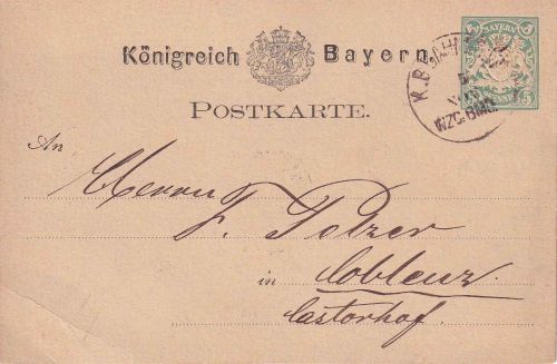 Bayern - Würzburg Bamberg Bahnpost-K1 5 Pfg Ganzsache Schweinfurt - Koblenz 1877