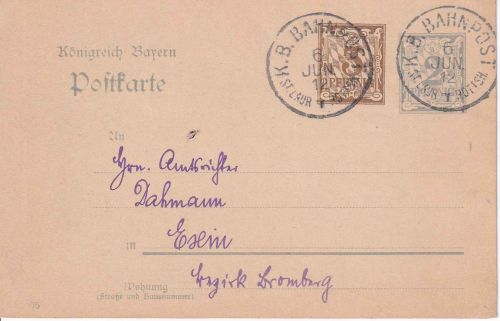 Bayern - Stadtlauringen I Rottershausen Bahnpost-K1 3+2 Pfg Ganzsache 1912