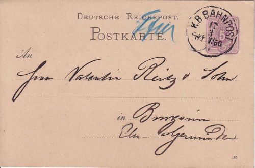 DR - Frankfurt Würzburg II Bahnpost-K1 5 Pfg Ganzsache Frankfurt - Burgsinn 1885