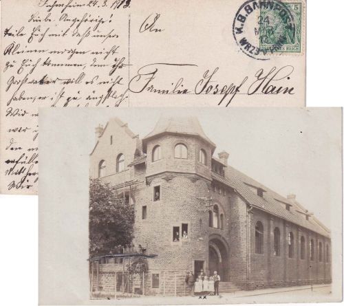 DR - Würzburg V Frankfurt Bahnpost-K1 5 Pfg AK Fechenheim Turnhalle 1913