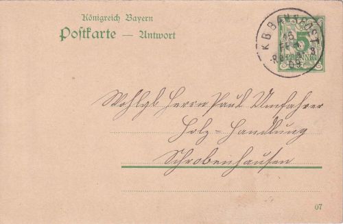 Bayern - Rottenburg Landshut 3 Bahnpost-K1 Karte Obersatzkofen 1909
