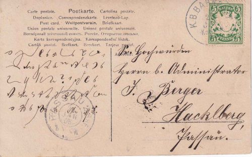 Bayern - Konzell Straubing Bahnpost-K1 5 Pfg. Karte n. Hacklberg 1906
