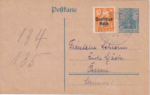 DR-Infla - Ortenburg Vilshofen Zug 59 Bahnpost-K2 Ganzsache Ortenburg 1921
