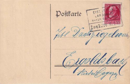 Bayern - Eisenstein Landshut Zug 2086 Bahnpost-Ra4 Karte Regen Ergoldsbach 1919