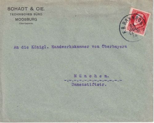 Bayern - Landshut München 2 Bahnpost-K1 Brief Moosburg - München 1914