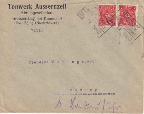 DR-Infla - Deggendorf Kaltenegg Zug 22 Bahnpost-Ra4 Brief Grossmeiking 1922