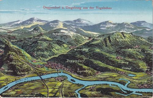Bayern - Deggendorf Vogelschau (Eisenbahnlinien !) farb Felle-AK Schaufling 1926